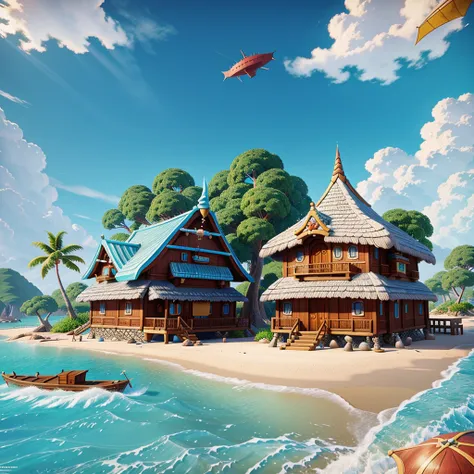 A fantasy inspired painting of a shore village in kawacy style, rendered in cinema4d, bulbous, accurate nautical details, creative character design, whimsical cartoon style, 32k uhd --ar 2:1