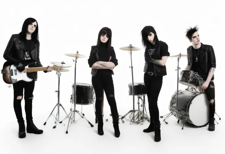 photo of a emo band in black clothing, female vocalist with microphone, a drummer with drum set, a bassist, a guitarist, performing, music video shooting, with a white background 