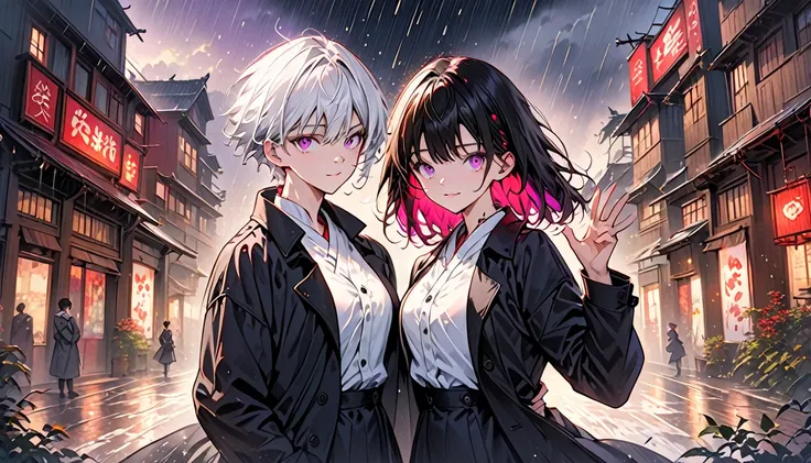 a mysterious and alluring anime-style scene, 2 striking characters, a boy with short white hair with red inner highlights, pierc...