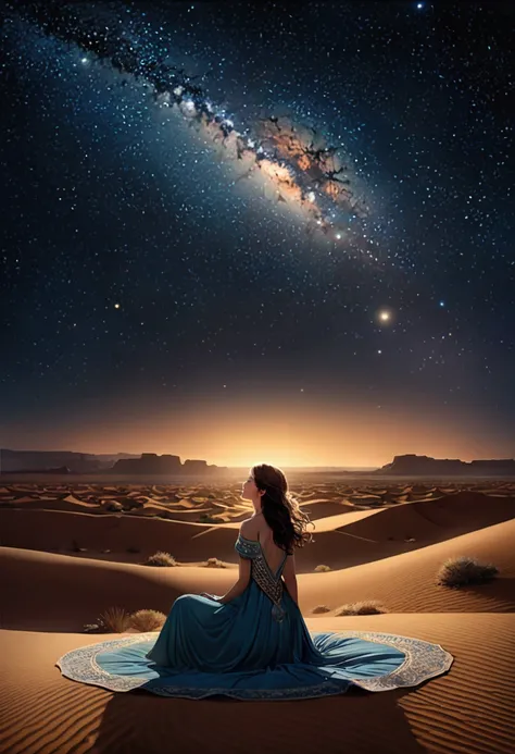 (a Desert Princess), lay on silk and soft cushions, looking up at the starry sky with a faint smile on her face, as if conversing with the stars, with the background being the starry sky of the desert, full body, (Photography), panoramic view, award-winnin...