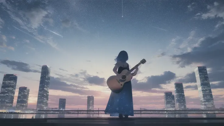 Playing an acoustic guitar,真っ暗なnight空,Octane, star (null), scenery, Blue parakeet,The acoustic guitar is in front of the body.,star, night, woman, Back view, Outdoor, city,Blue parakeet,building, cloud, milky way,silhouette