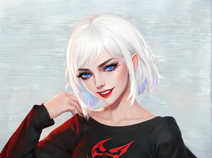 A young woman with white hair and red tips, a vampire, vampire canines, blue eyes, eye patch, short hair, female physique, Discord PfP, fantasy, vampire,long canines, rice teeth