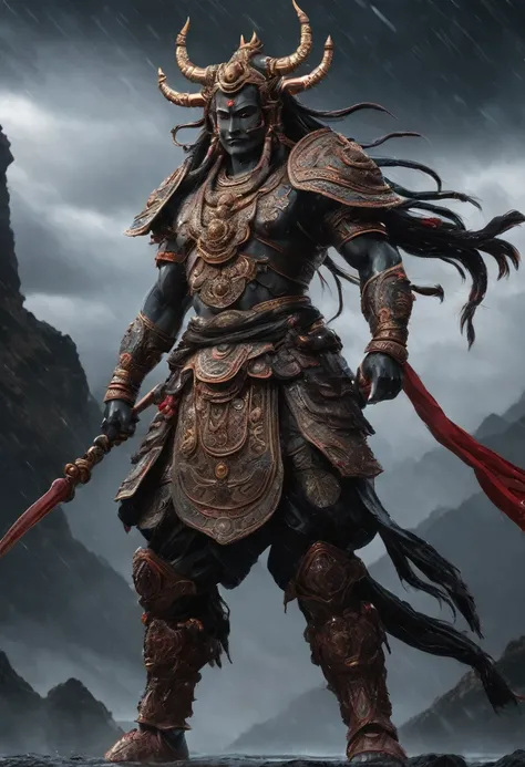 the load shiva rain Armor(zoom out Under the terrifying sky Stand in a pose, right foot in front of left foot ( full figure body) )on foor, in the style of kawacy, dark bronze and red, luminous brushwork , ironical, mancore, traditional techniques,8k, deti...