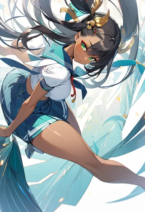 1girl, 独奏,black dark skin,breasts,thighs,dark-skinned female, green eyes, long hair, smile,Dynamic Angle,Sailor suit,Long skirt