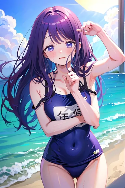 school swimwear、Acme Face、Random pose、, Pale purple eyes、Pale purple eyes、Semi-long hair、nsfw、Highest quality、1 girl、solo、Ocean、Sandy Beach、Sexy pose、Random pose、Blushing、Wet、Embarrassed、I can see half of my 、、One piece swimsuit、(Strap slip:1.3)、School Swi...