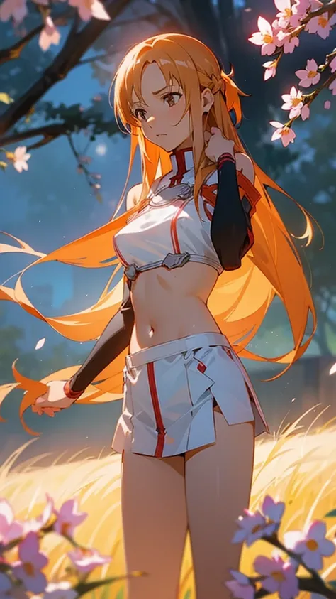 A beautiful young woman with light orange hair, asuna yuuki from sao, asuna yuuki, wearing a bra and underwear, standing in a field of cherry blossoms, her flat stomach and medium breasts visible, captured from a dutch angle, (best quality, 4k, 8k, highres...