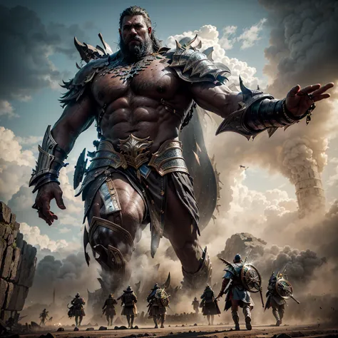 a gigantic warrior walking alongside a battalion of  setting reminiscent of biblical times, an ultra realistic and dramatic illu...