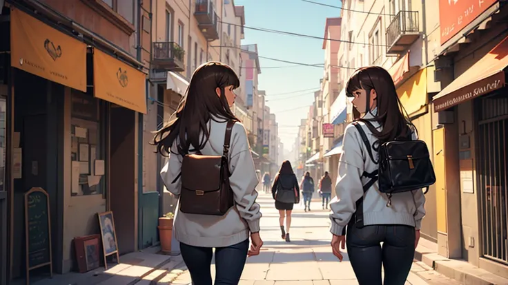 ((best quality)), ((work of art)), ((detailed)), woman, long brown hair with bangs, from behind, walking through the city
