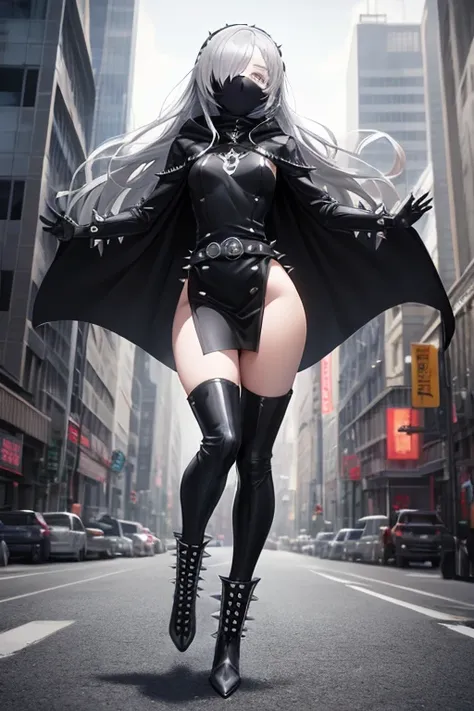 ((best quality)), ((masterpiece)), (detailed), 1 girl, Full body, 18 years old, Depressed face, Silver eyes, Arms outstretched, Arms behind waist, Metal mask covering her eyes, Eyes covered, Silver hair, Long hair, Spiky hair, Bangs, Strand of hair coverin...