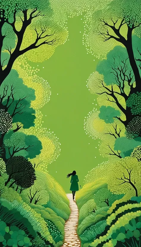 The art of dot painting：Flat Wind，Green，Top view，Woods path，1 People silhouette