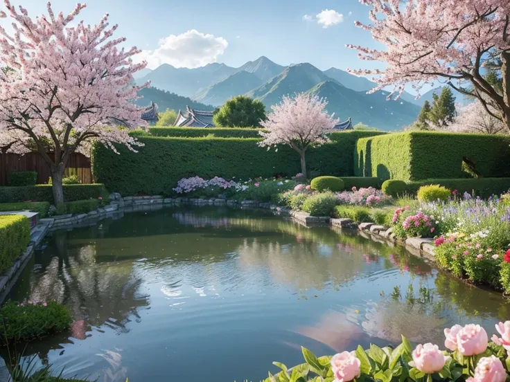 8K HD画质，Realistic scenery， 粉红的Peach BlossomTree林森林重点是很多Peach Blossom风景照8K 画质，Best quality，masterpiece，HD，Super rich detail，detailed，Many Chinese lofts have large courtyards，The yard is full of flowers，It is a rich garden，There are roses in the garden，Moonf...