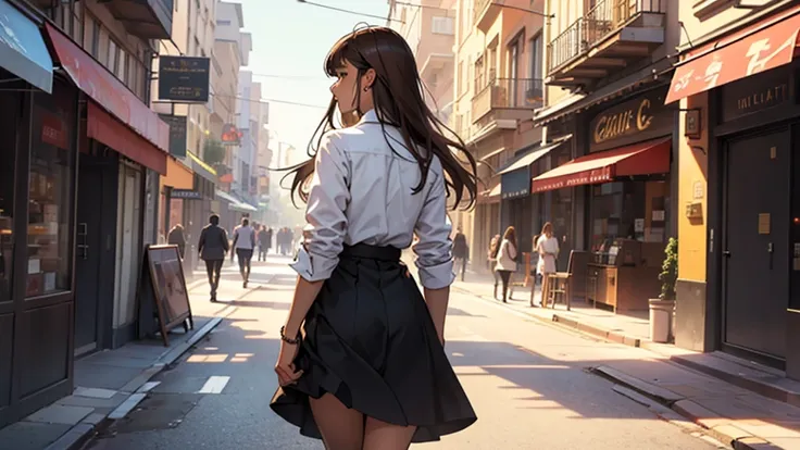 ((best quality)), ((work of art)), ((detailed)), woman, long brown hair with bangs, from behind, wearing a dress shirt, black skirt, walking through the city
