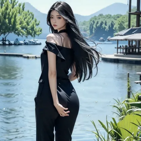 rice, (Very detailed, Very realistic, Very sharp, Hyperrealism, Ultra-realistic, Highest quality):1.2, 1 girl, (独奏:1.3),  (Hair that grows to the knees:1.1, Ridiculously long hair:1.4, hime cut, straight hair, black hair), (Detailed Hair, Detailed skin), (...