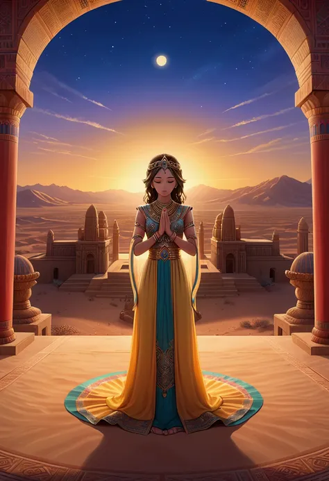 (a desert princess), prays to god in front of the temple on the edge of the desert, with the background of the desert temple and...