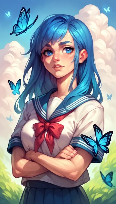 Woman,School,Uniform,blue hair,blue eyes,calm expression,butterflies in the background 