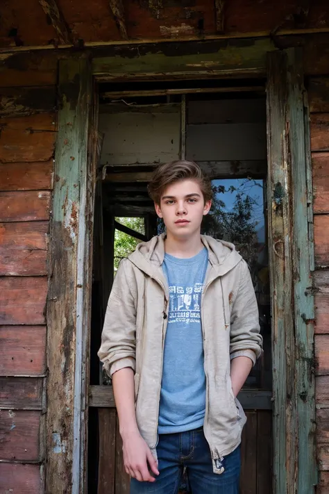 realistic photo of solo handsome teenage men ,standing in front of an abandoned house ,daytime