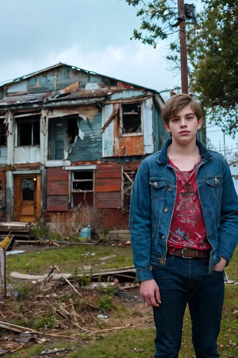 realistic photo of solo handsome teenage men ,standing in front of an abandoned house ,daytime