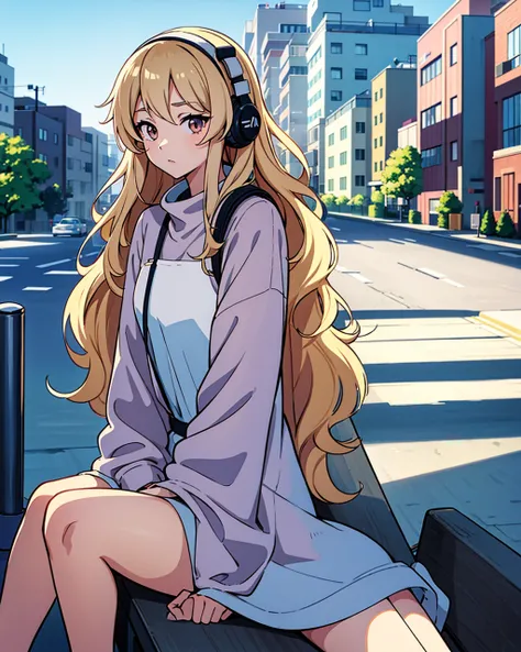 An anime-style illustration of a girl sitting on a bench in an urban setting. She has long, wavy light hair and wears headphones. She is dressed in a casual outfit with a loose-fitting coat over a dark shirt or dress. The background features a street with ...