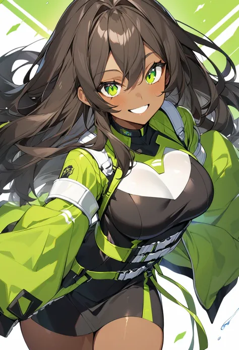 1girl, solo,black dark skin,breasts,thighs,dark-skinned female, green eyes, long hair, smile,ダイナミックアングル,バニースーツ