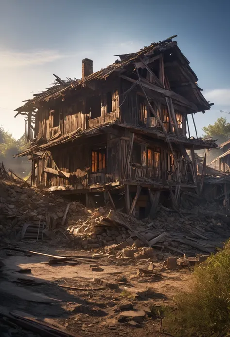 (masterpiece:1.2), (best quality,:1.2), 8k, HDR, ultra detailed, ((photorealistic)), professional light, cinematic lighting, fashion photography, ambient lighting,ruins of a burned! down village!, wood houses, FanRu epiCPhoto