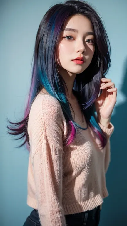 (best quality, masterpiece), 1 girl,( colored hair is long and soft.:1.3), colorful hair, girl&#39;s cute room, 15 years old, sm...