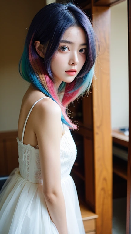 (best quality, masterpiece), 1 girl,( colored hair is long and soft.:1.3), colorful hair, girl&#39;s cute room, 15 years old, sm...