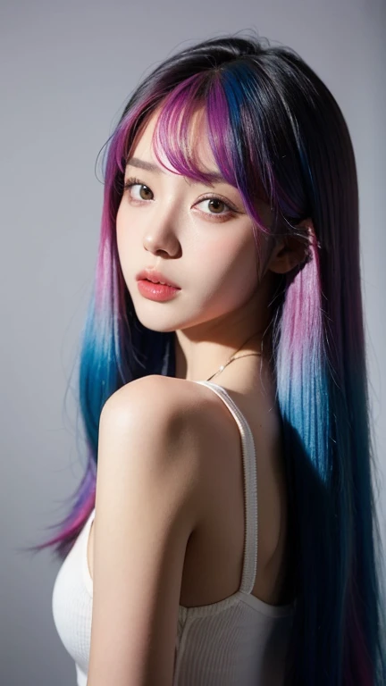 (best quality, masterpiece), 1 girl,( colored hair is long and soft.:1.3), colorful hair, girl&#39;s cute room, 15 years old, sm...