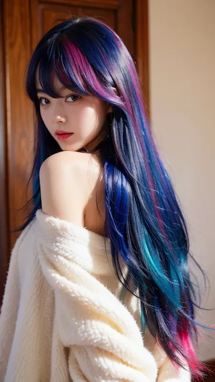 (best quality, masterpiece), 1 girl,( colored hair is long and soft.:1.3), colorful hair, girl&#39;s cute room, 15 years old, sm...