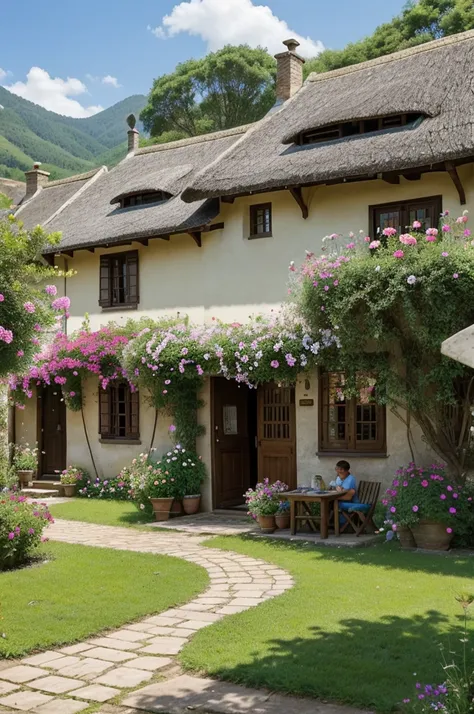 Create an idyllic village scene nestled in a picturesque countryside. The village should feature charming, quaint houses with thatched or tiled roofs, each house surrounded by colorful gardens. Include a cobblestone path winding through the village, leadin...