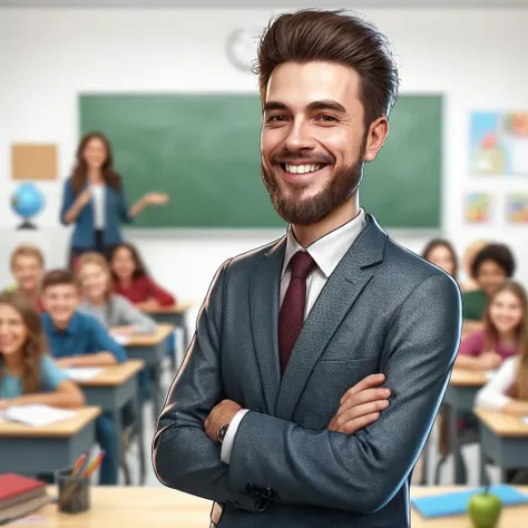 Caricature of a male teacher, the background of the students in class is blurry, smiling pose, reallistic, 4k, full HD