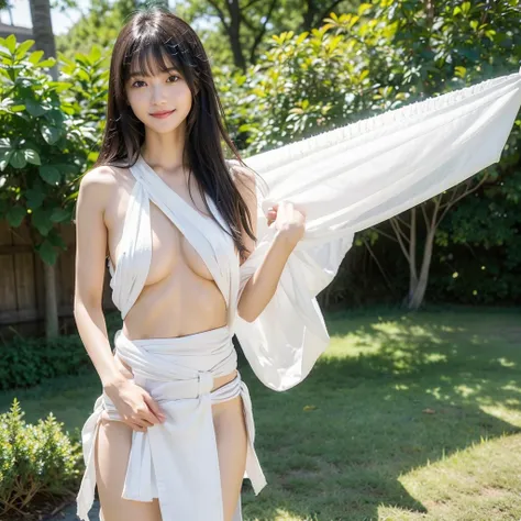 日本people、１people、The most beautiful woman、smile、Shyness、clear、Shiny black hair、((Standing with legs wide open))、Photo Style、length, bangs、light makeup、Standard face、(((Wearing a white Etchu loincloth)))、((Light clothing:0.5))、(She is hiding her breasts by ...