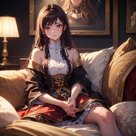 A young teen royal, long brown wavy hair, sitting on a sofa elegantly, red eyes, facing forward, emotionless expression, confident, hide the hands, (best quality, 4k, 8k, highres, masterpiece:1.2), ultra-detailed, (realistic, photorealistic, photo-realisti...