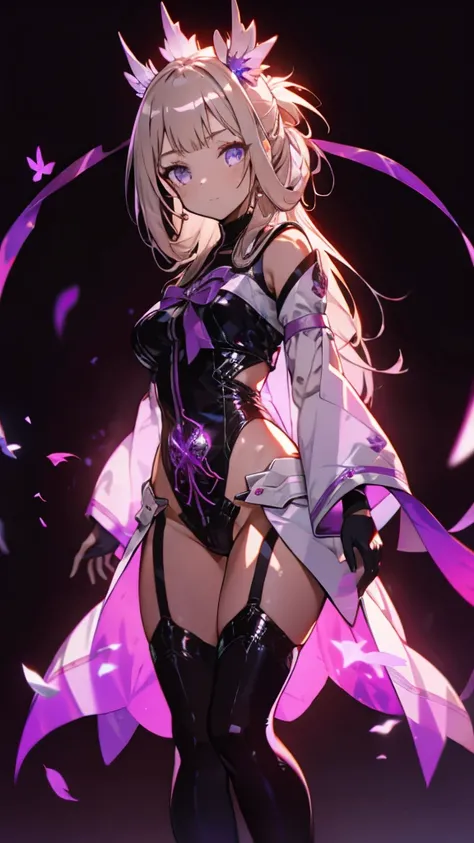 (Highly detailed CG), (Highest quality), 1 Girl,alone, Grey Eyes,Long Hair, Blonde,Purple Dress,Wide white sleeves,Purple ribbon,Purple Stockings,hair ornaments,Bare shoulders,Removed sleeve, Black gloves, Blunt bangs, Magical girl, Perfect Face,  Shiny sk...