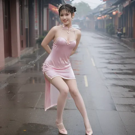 raw photo, realistic, chunli wears thin wet transparent pink qipao, light smile, (extreme detailed face, detailed skin), slim body, tight waist, thin thighs, thin legs, huge round breasts, pearl earrings, double hair bun, silk bandeau, thin wet stockings, ...