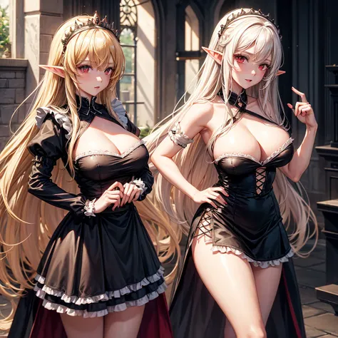 Queen elf woman, wears black maid outfit with short maid skirt, has long messy shaggy blonde hair, It has red eyes, has a big breast.