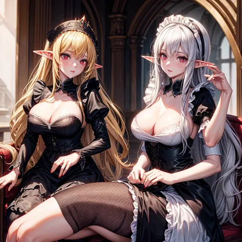 Queen elf woman, wears black maid outfit with short maid skirt, has long messy shaggy blonde hair, It has red eyes, has a big breast.