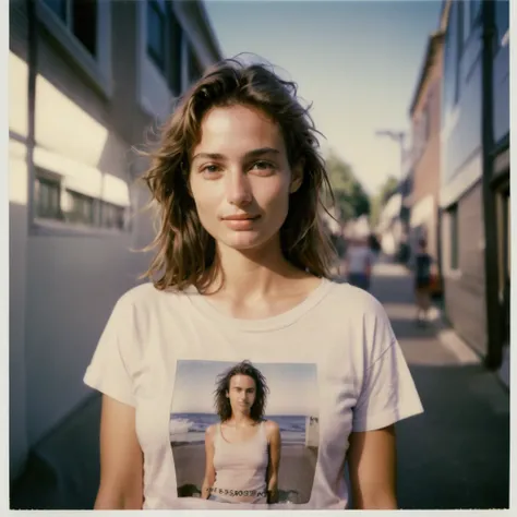 nkplr0, polaroid, 1girl, supermodel wearing t shirt, summer,  dslr, soft lighting, high quality, film grain, Fujifilm XT3, 