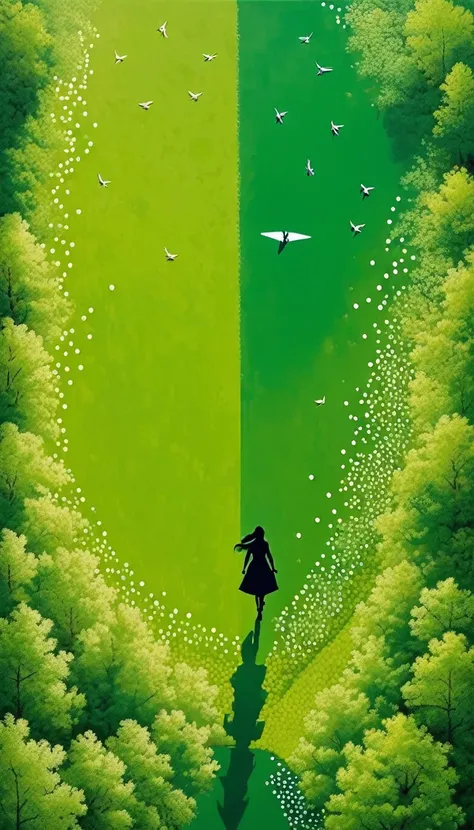 The art of dot painting：Flat Wind，Green，Top view，Aerial Photography，Woods path，1 People silhouette