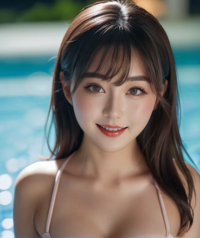 best quality ,masterpiece,ultra high res,(photo realistic:1.4), Uppwe body, 1 girl, looking at viewer, Short hiar, Wearing cross halter bikini, Japanese, very beautiful, kawaii, smile, cleavage, Cinematic, 35mm lens, f/ 1. 8, accent lighting, 8k, at gorgeo...