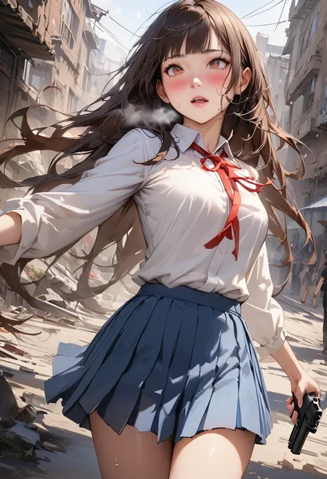 Action Scenes、((A detailed depiction of a woman holding a handgun))、((masterpiece,Highest quality:1.3,best quality illustratio)),(realistic:1.3),cowboy shot,独奏,1woman,(20-year-old、Japanese Beauty),dark brown hair,long hair,bangs,brown eyes,gorgeous eyes,(v...