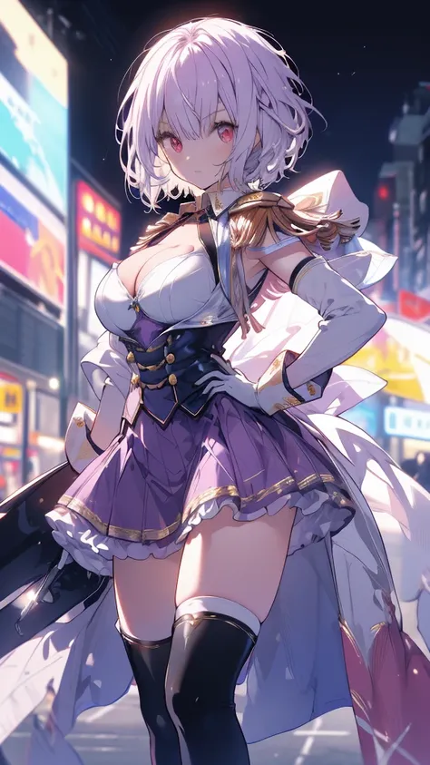 (whole body),masterpiece, Highest quality, High resolution, male, short hair, Hello, Red eyes, Large Breasts, Cleavage, Epaulettes, White gloves, - Elbow hand pockets, Purple Skirt, Knee socks, Cowboy Shot, (Pose in front)，straight, street，Low Angle，Downから...