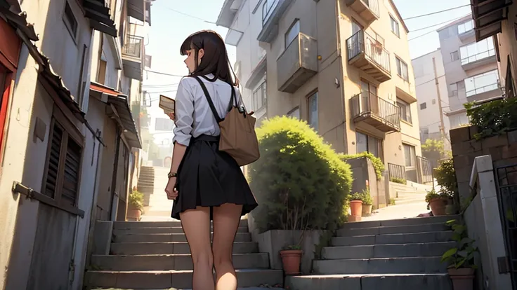 ((best quality)), ((work of art)), ((detailed)), woman, long brown hair with bangs, seen from behind, wearing a dress shirt, short black skirt, climbing stairs in an apartment complex, holding a grocery bag in her hand
