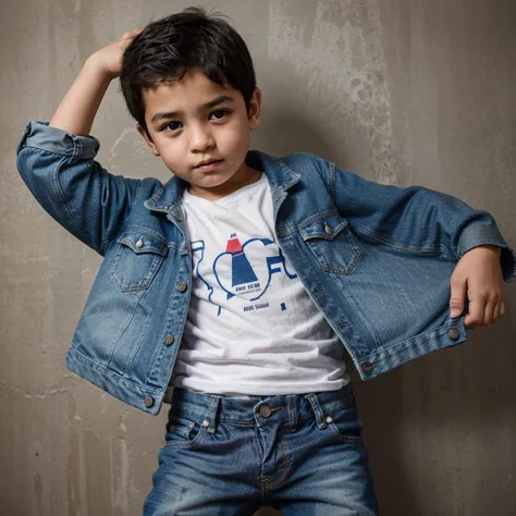 portrait of a 2 year old boy wearing casual clothes with a jeans jacket, background with the name Arfan written on it.