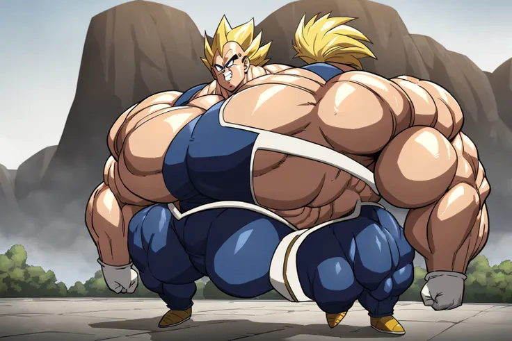 1boy, Vegeta, from Dragon Ball Z, masterpiece, best quality, very aesthetic, absurdres, saiyan, blue eyes, spiked hair, (yellow hair:1.5), standing up, good posture, shirtless, blue skintight pants, white boots with brown tips, white gloves, (huge muscles:...