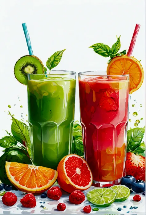 there are two of colorful healthy drinks, two glasses, the glasses sitting on a surface, juices, smoothie and infused water , illustration, isolated with solid white background, surrounded with negative space, centered composition, very precise line, Isola...