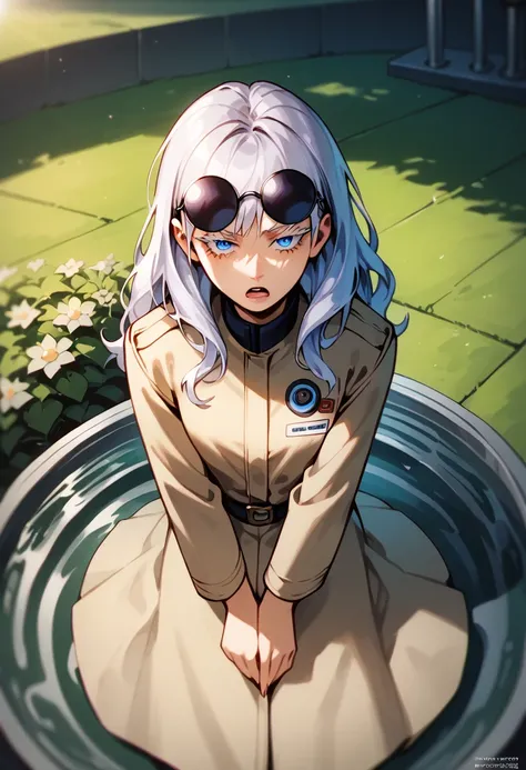 punctuation_9, punctuation_8_High above, punctuation_8, best qualityer,work of art,4K,very aesthetic,no censure,assessment_explicit,assessment_questionable, アニメ_fountain, gojou satora, gender swap (mtf), long hair, White hair, blue colored eyes, Depth of f...