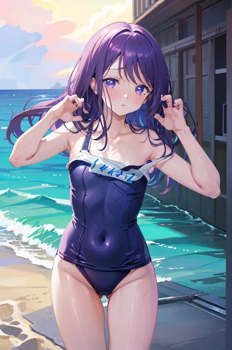 school swimwear、acme face、random pose、, pale purple eyes、pale purple eyes、semi-long hair、nsfw、highest quality、1 girl、solo、ocean、...