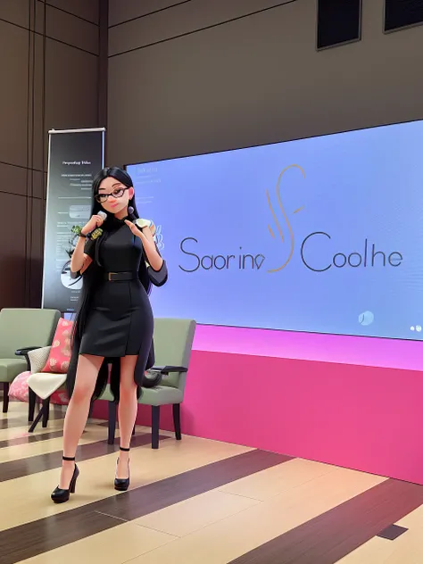 woman in a black dress, long black hair, wearing prescription glasses, in high heels presenting a talk,