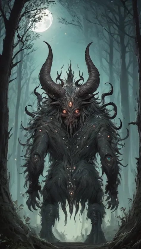 monster nervously, A monster with many eyes and horns, Nevoa, dense forest, moonligh, (rear view:1.4)