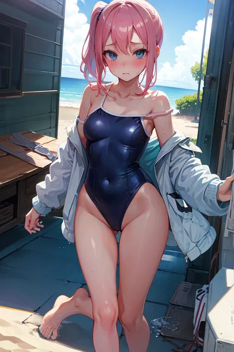 School Swimsuit,,Blushing、Blonde、ponytail、Pale blue eyes、Head to toe full body、Blushing、Embarrassed look、Composition from the front、A view from slightly below、school swimwear、Acme Face、Random pose、, Medium Hair、、Pale blue eyes、Pink Hair、nsfw、Highest qualit...